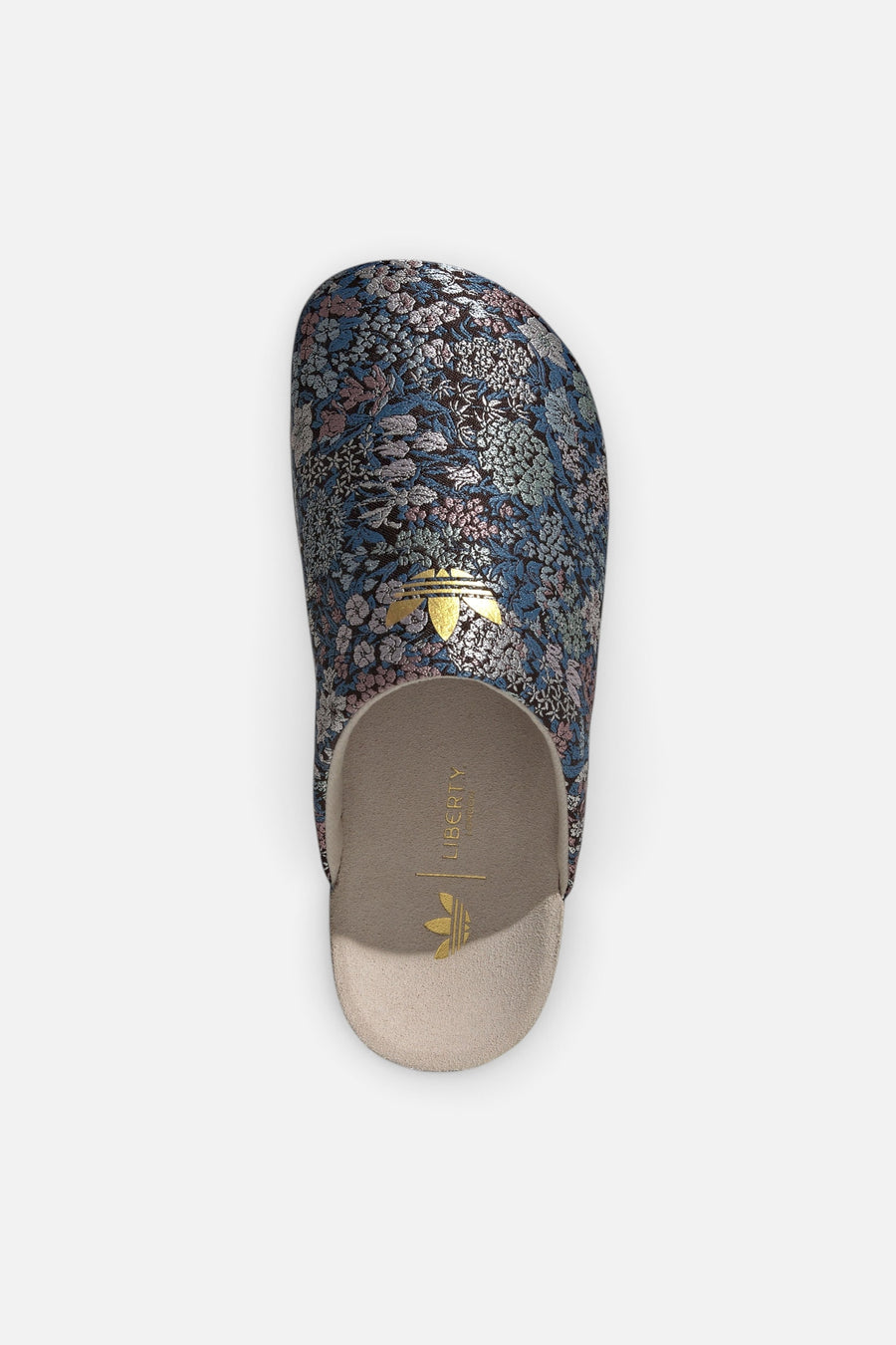 Adidas Women's Adimule x Liberty London in Wonder Beige, Gold Metallic, and Gum – top view
