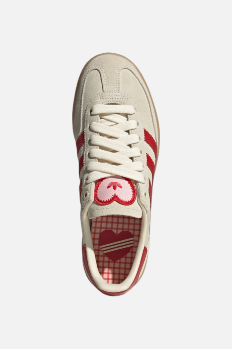 Adidas Women's Handball Spezial in Cream White, Better Scarlet, and Sandy Pink – flat lay