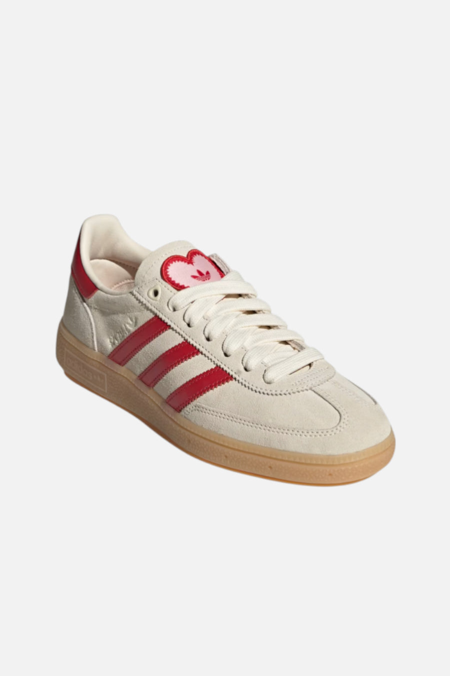 Adidas Women's Handball Spezial in Cream White, Better Scarlet, and Sandy Pink – three-quarter view