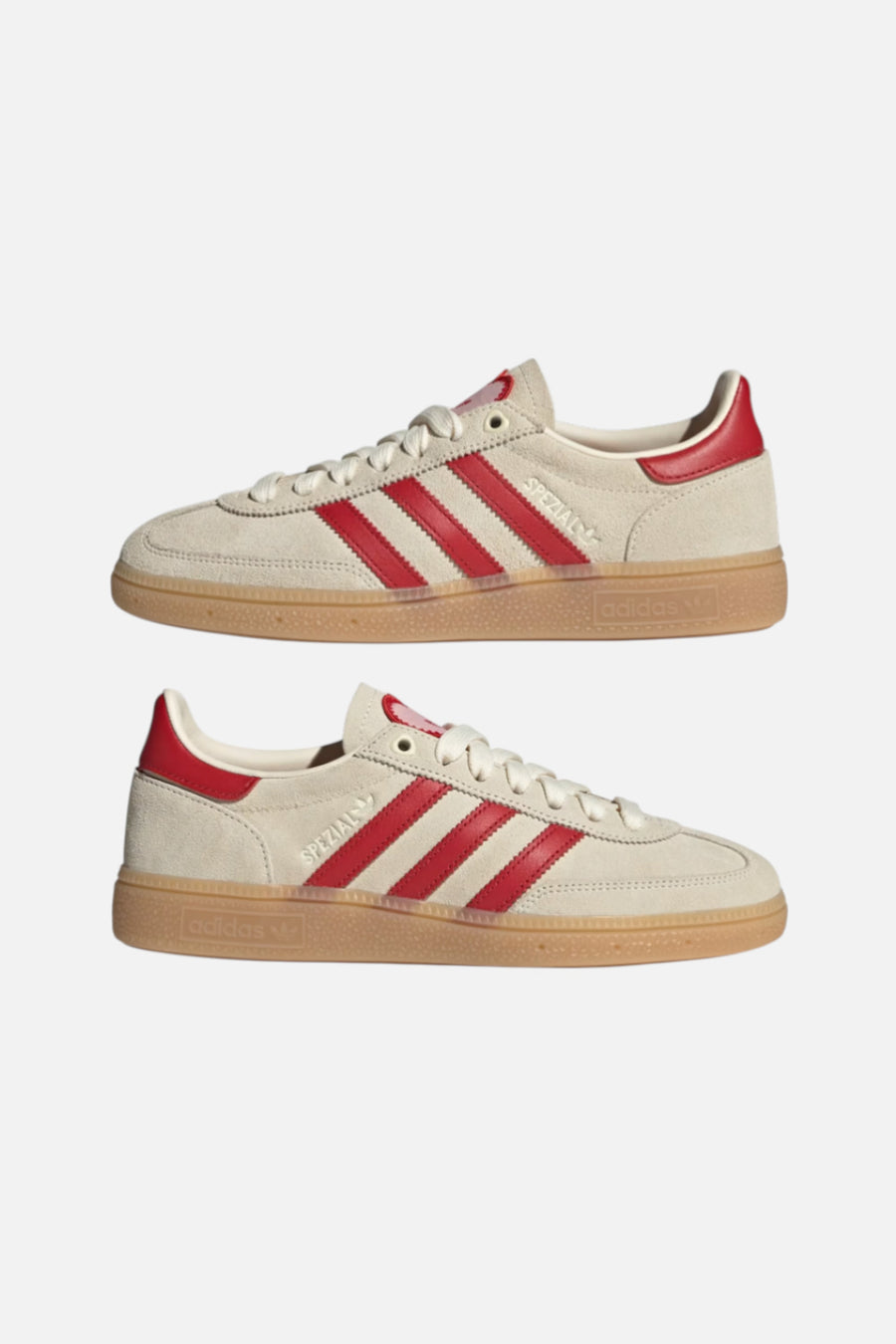 Adidas Women's Handball Spezial in Cream White, Better Scarlet, and Sandy Pink – pair