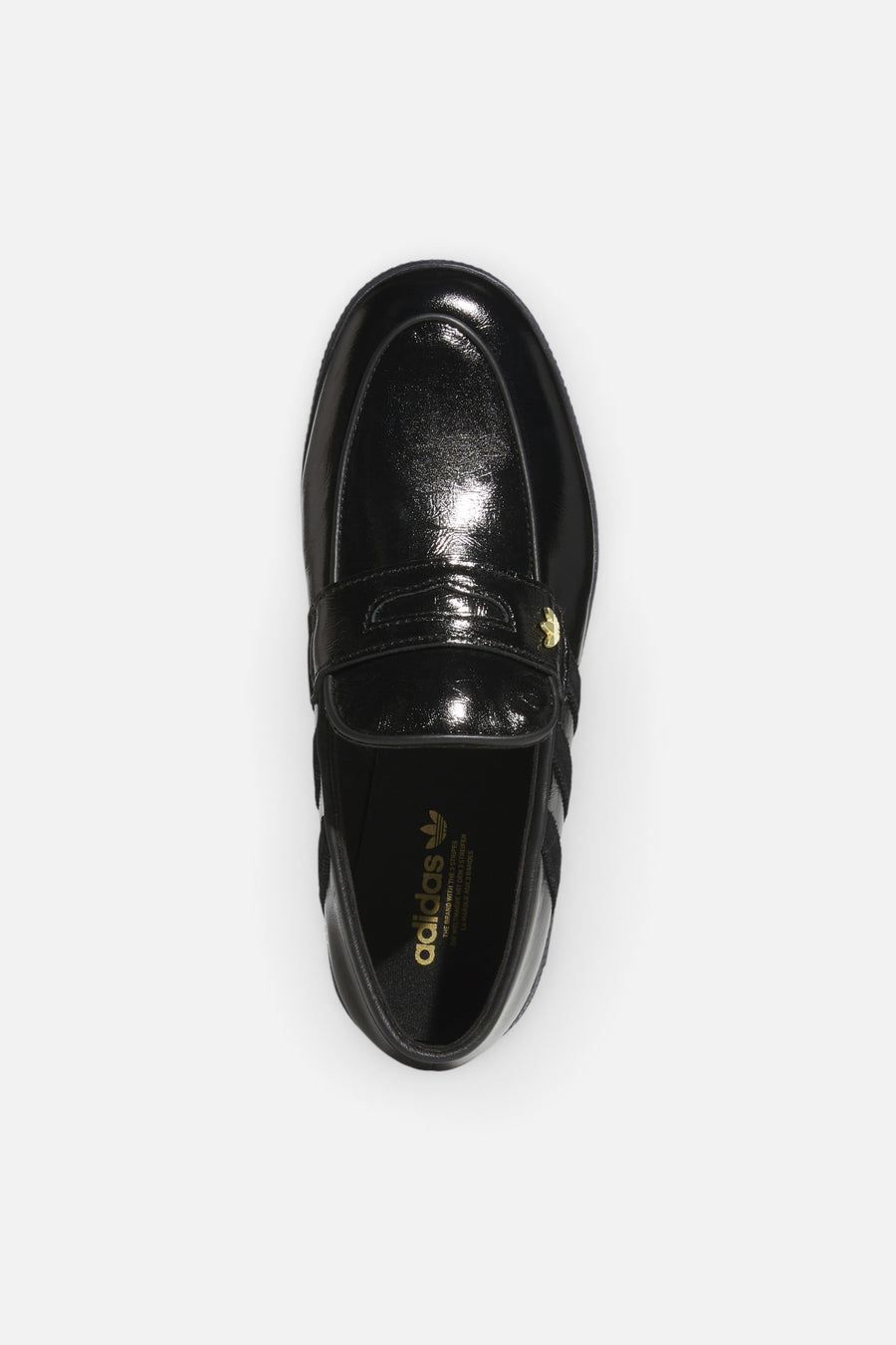 Adidas Women's Handball Spezial Loafer in Core Black and Gold Metallic – top view