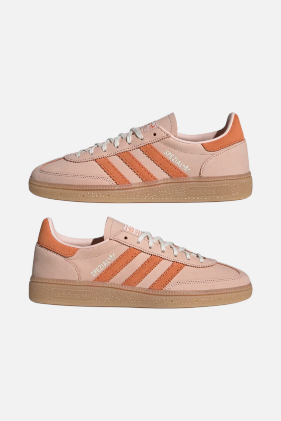 Adidas Women's Handball Spezial Sneaker in Blush Pink & Dusky Orange – flat lay