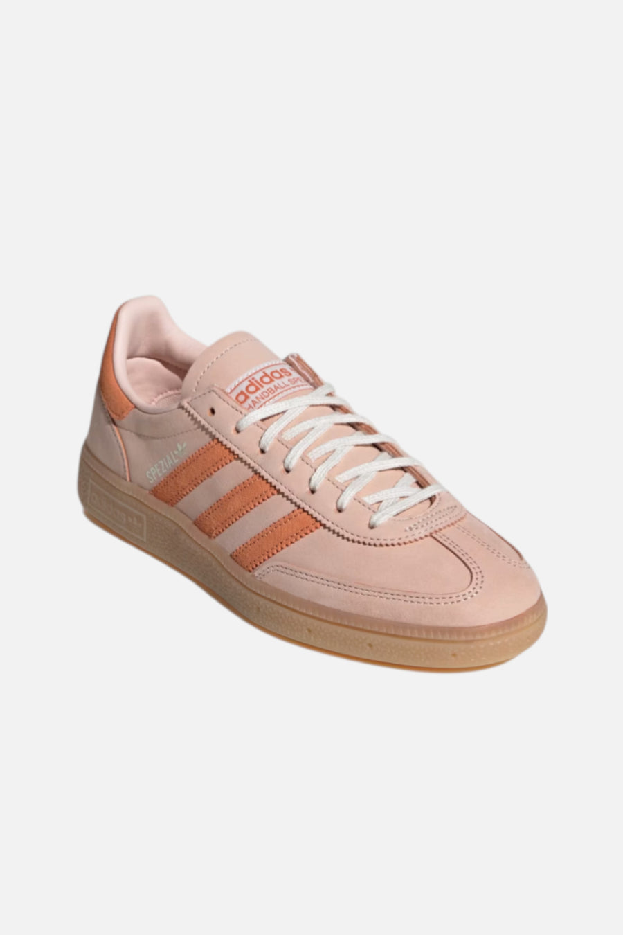 Adidas Women's Handball Spezial Sneaker in Blush Pink & Dusky Orange – three-quarter view