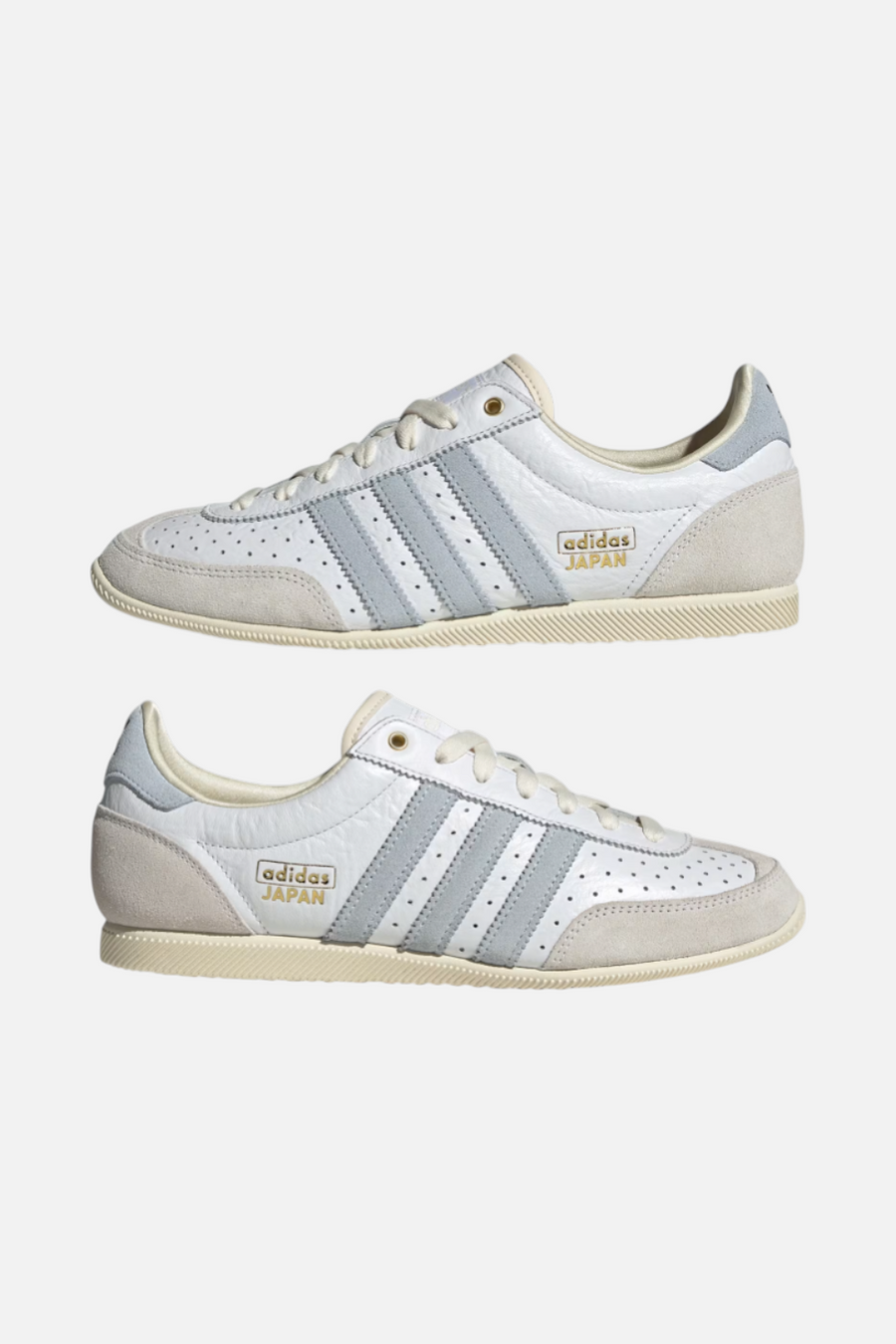 Adidas Women's Japan Sneaker in White, Sky, & Gold Metallic – flat lay