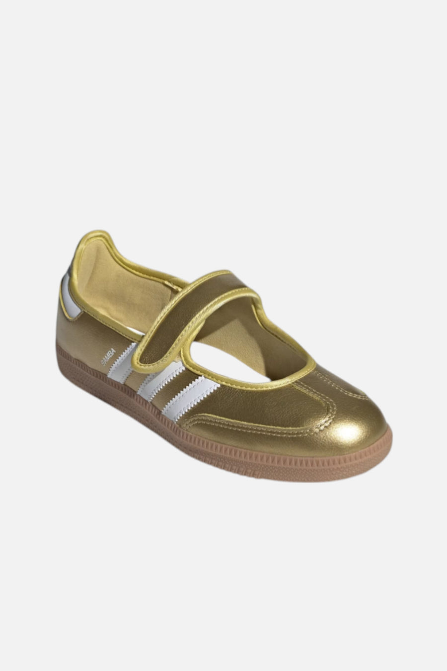 Adidas Women's Samba Jane Flat in Gold Metallic & White – three-quarter view