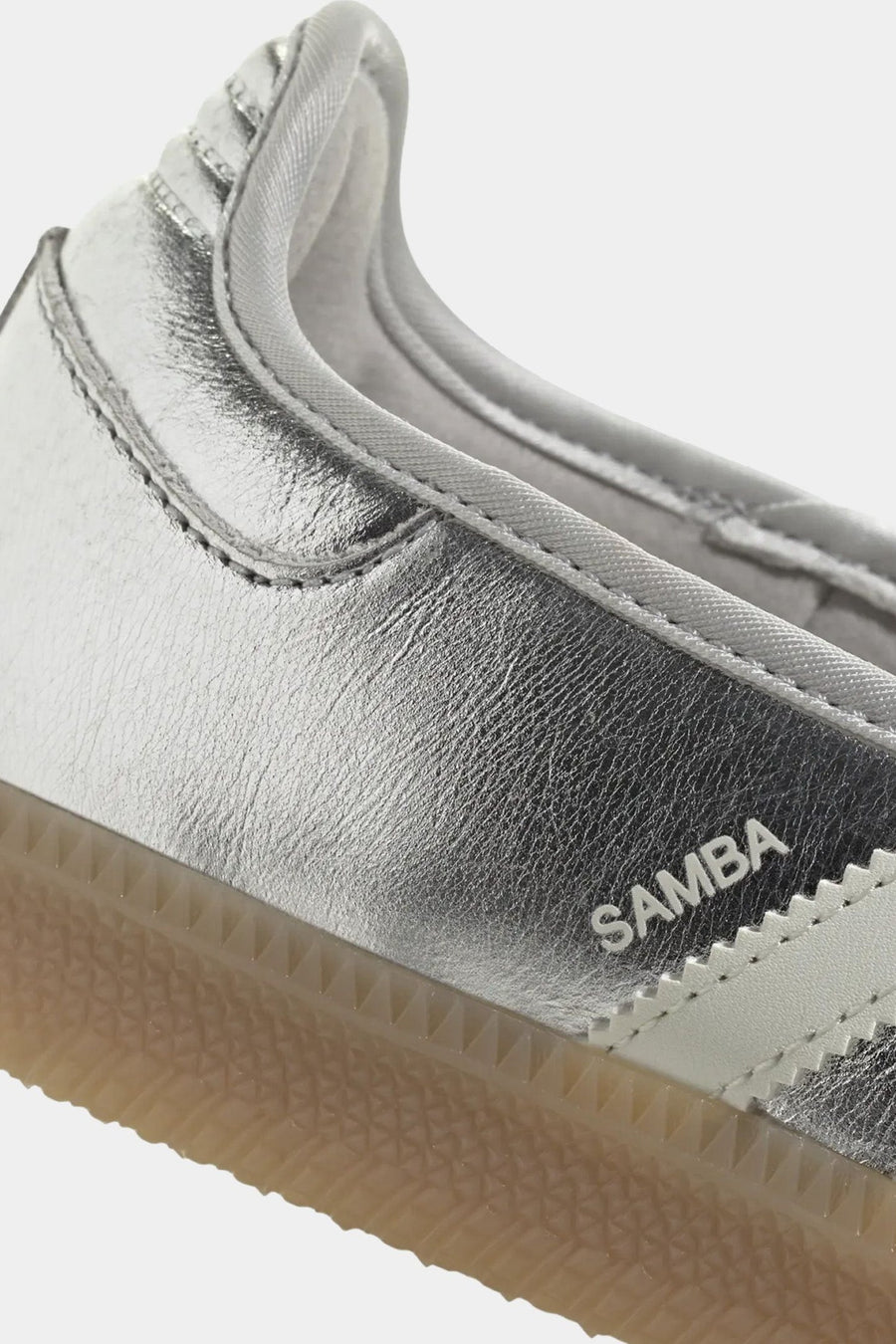 Adidas Women's Samba Jane in Silver Metallic, Off White, and Gum – detail