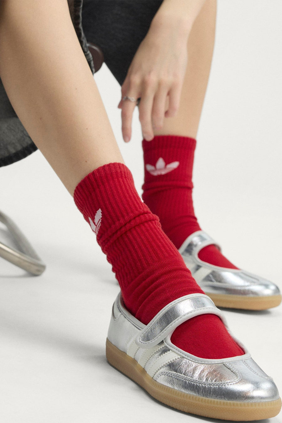 Adidas Women's Samba Jane in Silver Metallic, Off White, and Gum – on model