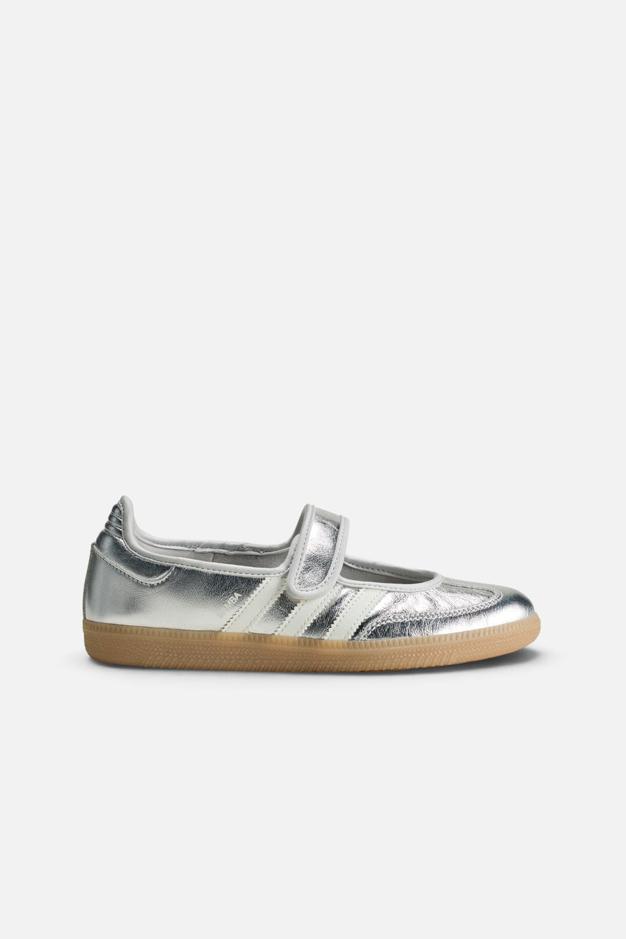 Adidas Women's Samba Jane in Silver Metallic, Off White, and Gum – side view