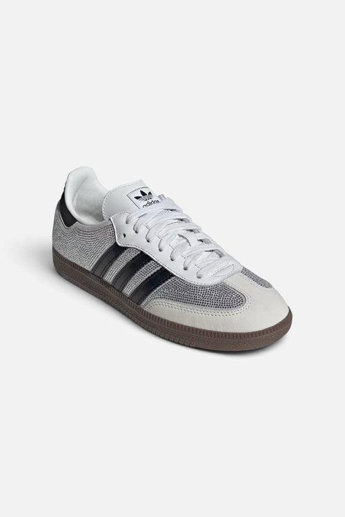Adidas Women's Samba OG Crystal Embellished Sneakers in Crystal White and Silver Metallic – front view