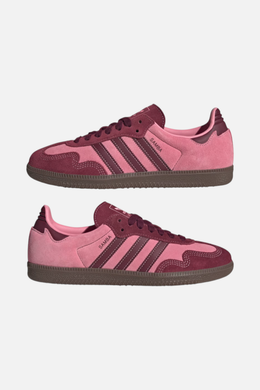 Adidas Women's Samba OG Sneaker in Pink Spark & Shadow Red – flat lay
