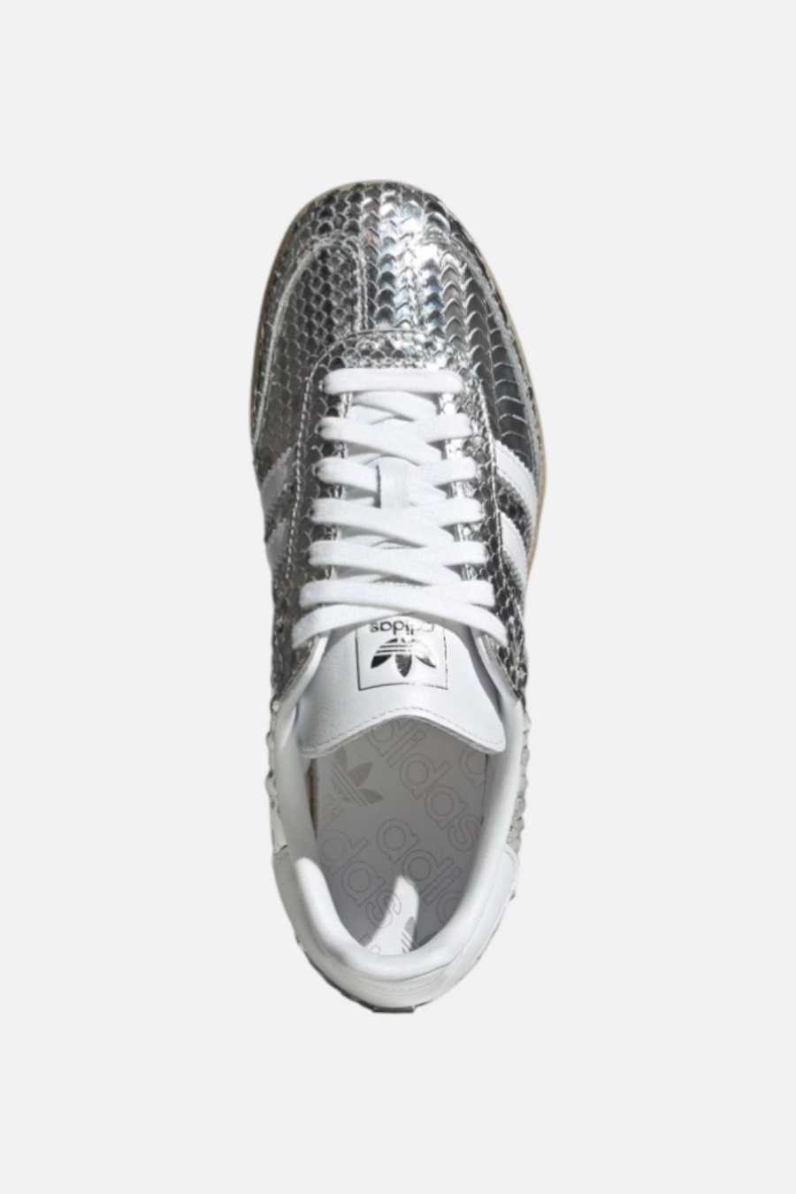 Adidas Women's Samba in Silver Metallic and Cloud white – flat lay