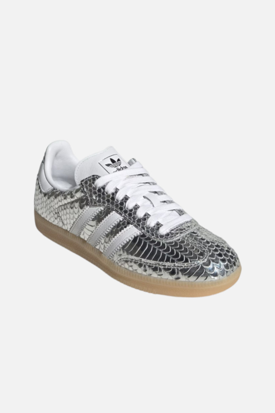 Adidas Women's Samba in Silver Metallic and Cloud white – three-quarter view