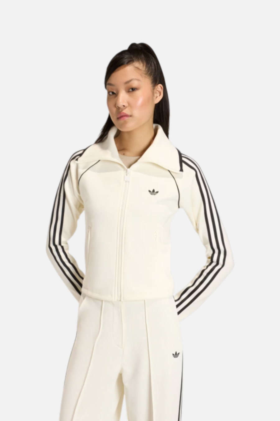 Adidas Women's Slim Fitted Firebird Track Top in Off White – front view