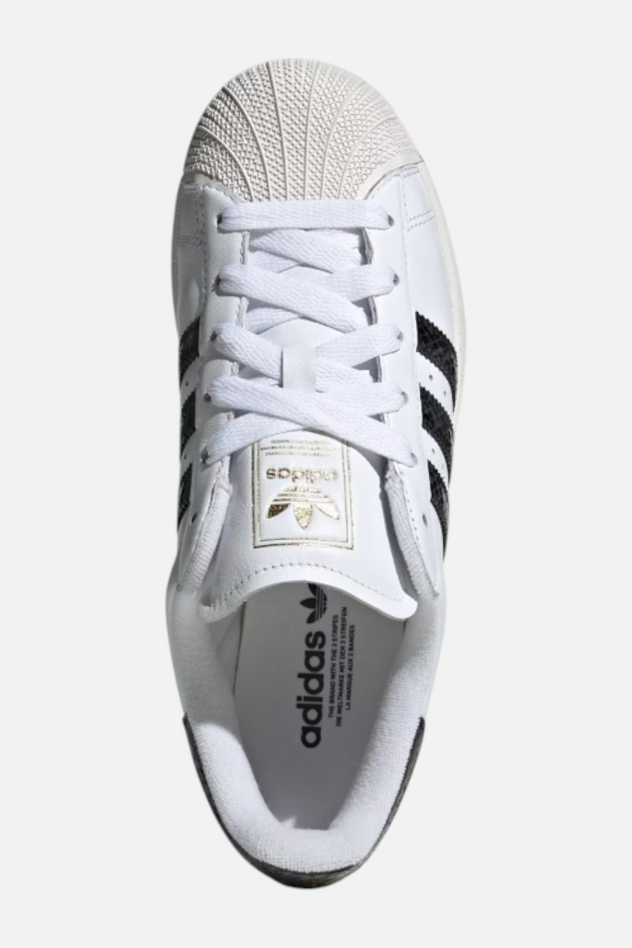 Adidas Women's Superstar II White with Black Snake Stripes – flat lay