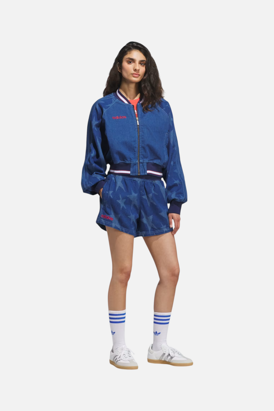 Adidas Women's USA 94 Denim Varsity Bomber Jacket – flat lay