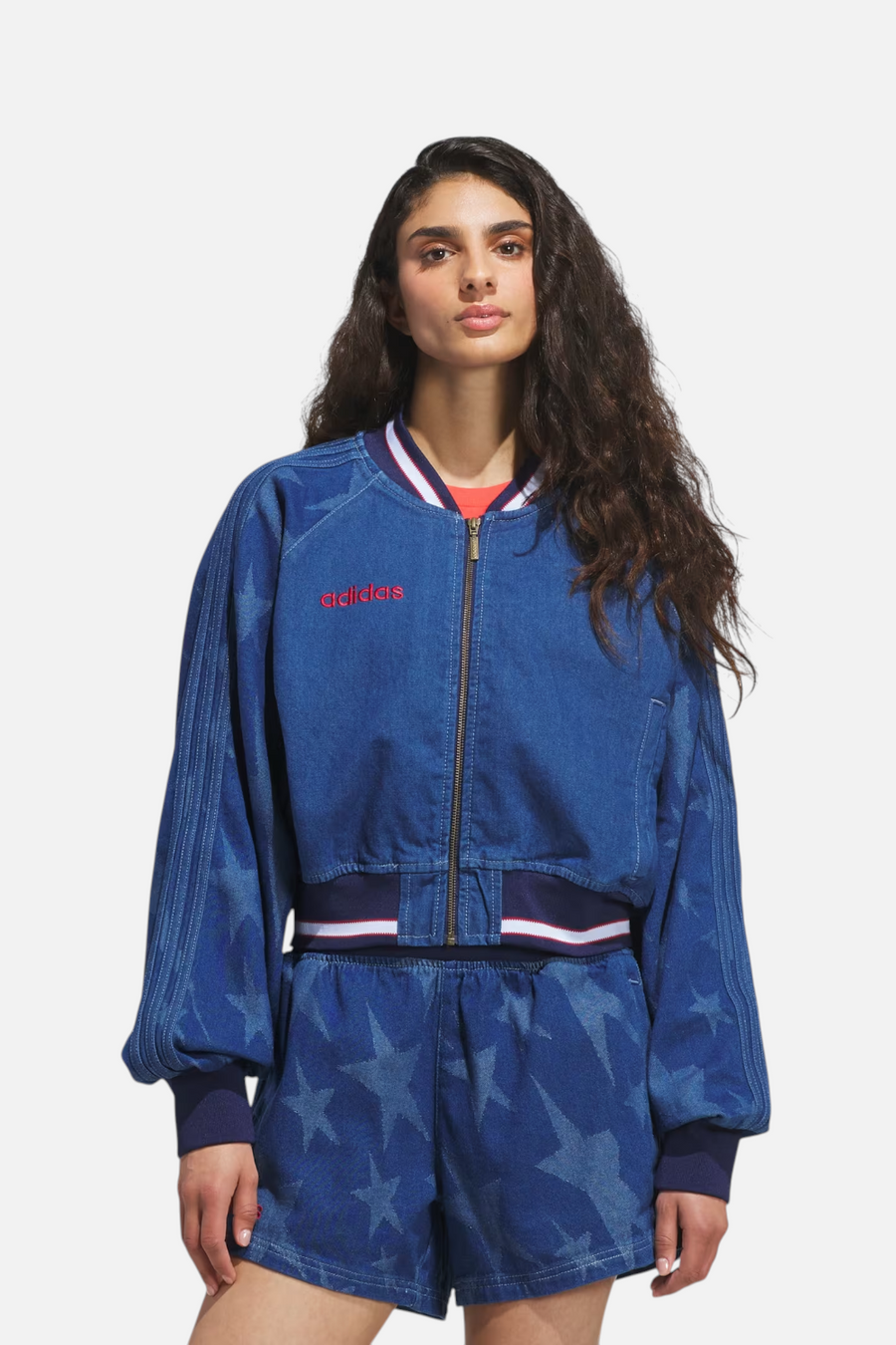 Adidas Women's USA 94 Denim Varsity Bomber Jacket – front view