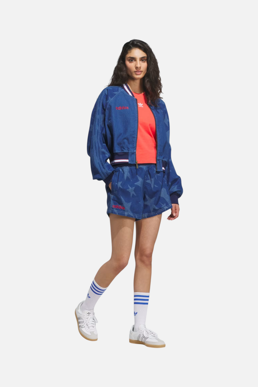 Adidas Women's USA 94 Denim Varsity Shorts in Blue – back view