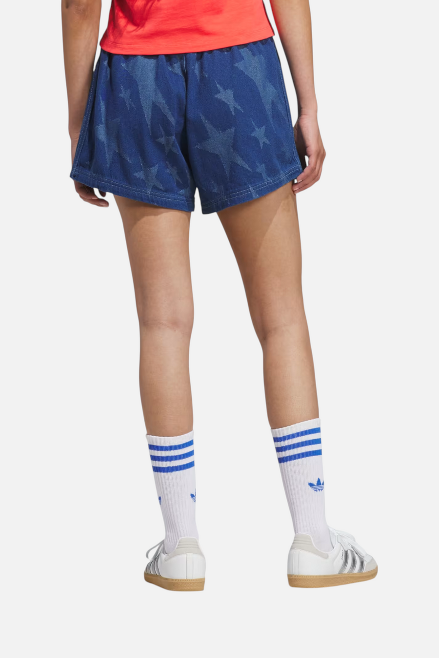 Adidas Women's USA 94 Denim Varsity Shorts in Blue – flat lay