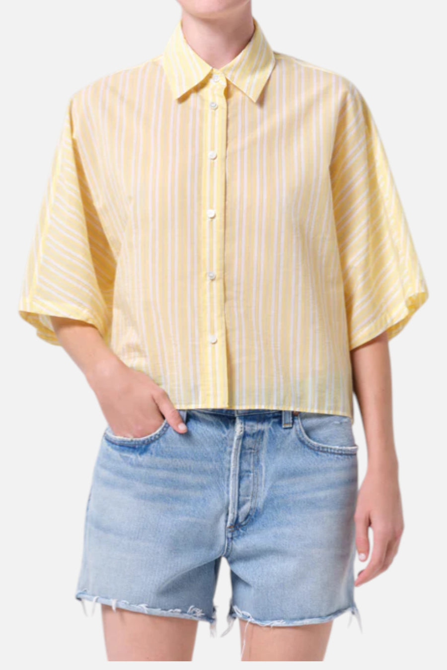 AGOLDE Merrin Shirt in Wirrel Stripe Lemon Drop – side view
