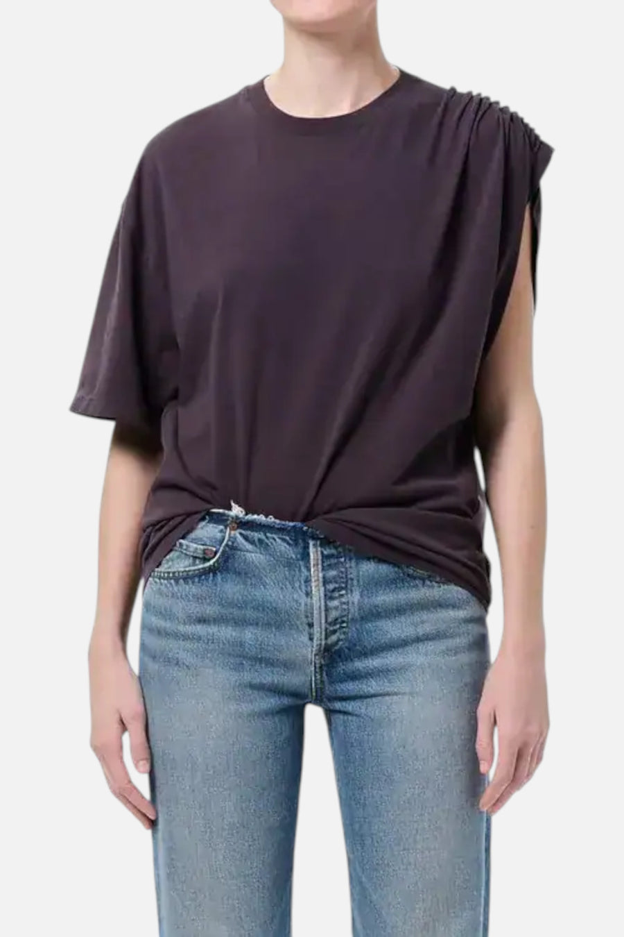 Agolde Roma One-Shoulder T-Shirt in Shade Black – on model