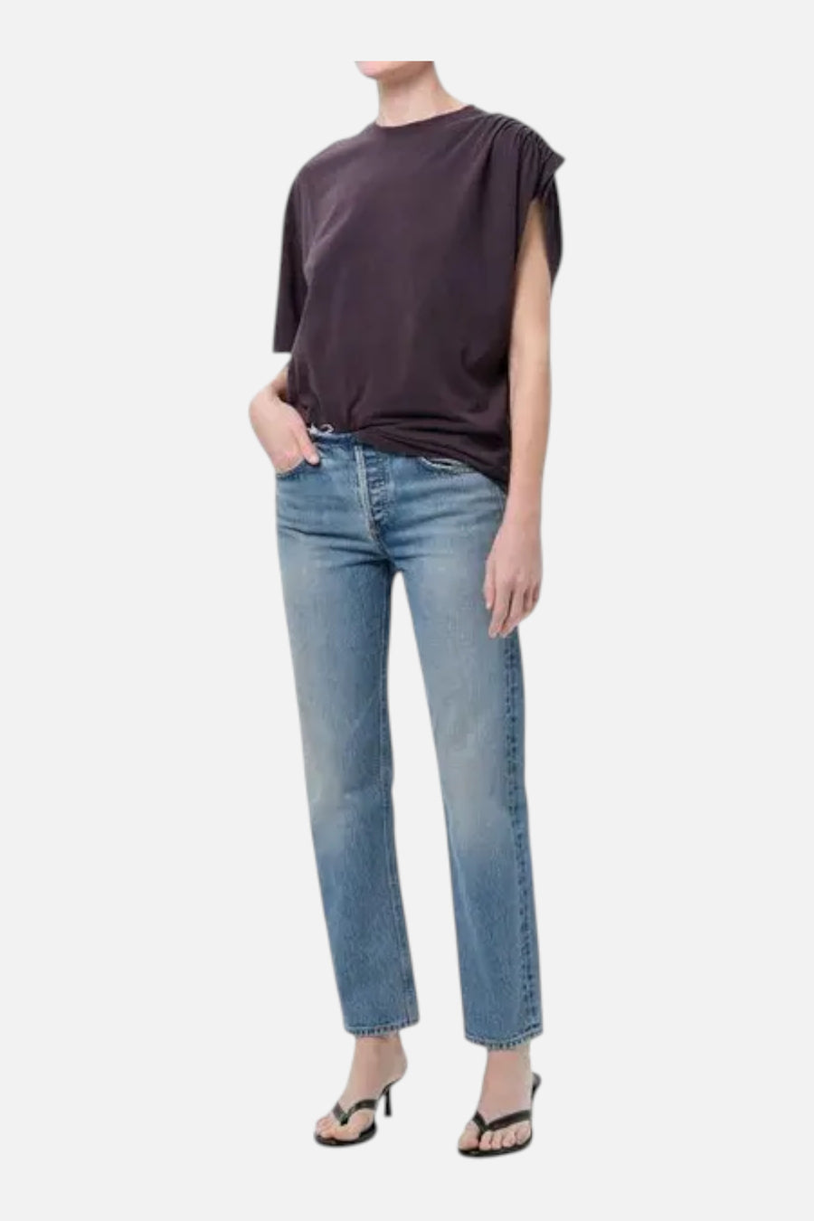 Agolde Roma One-Shoulder T-Shirt in Shade Black – on model