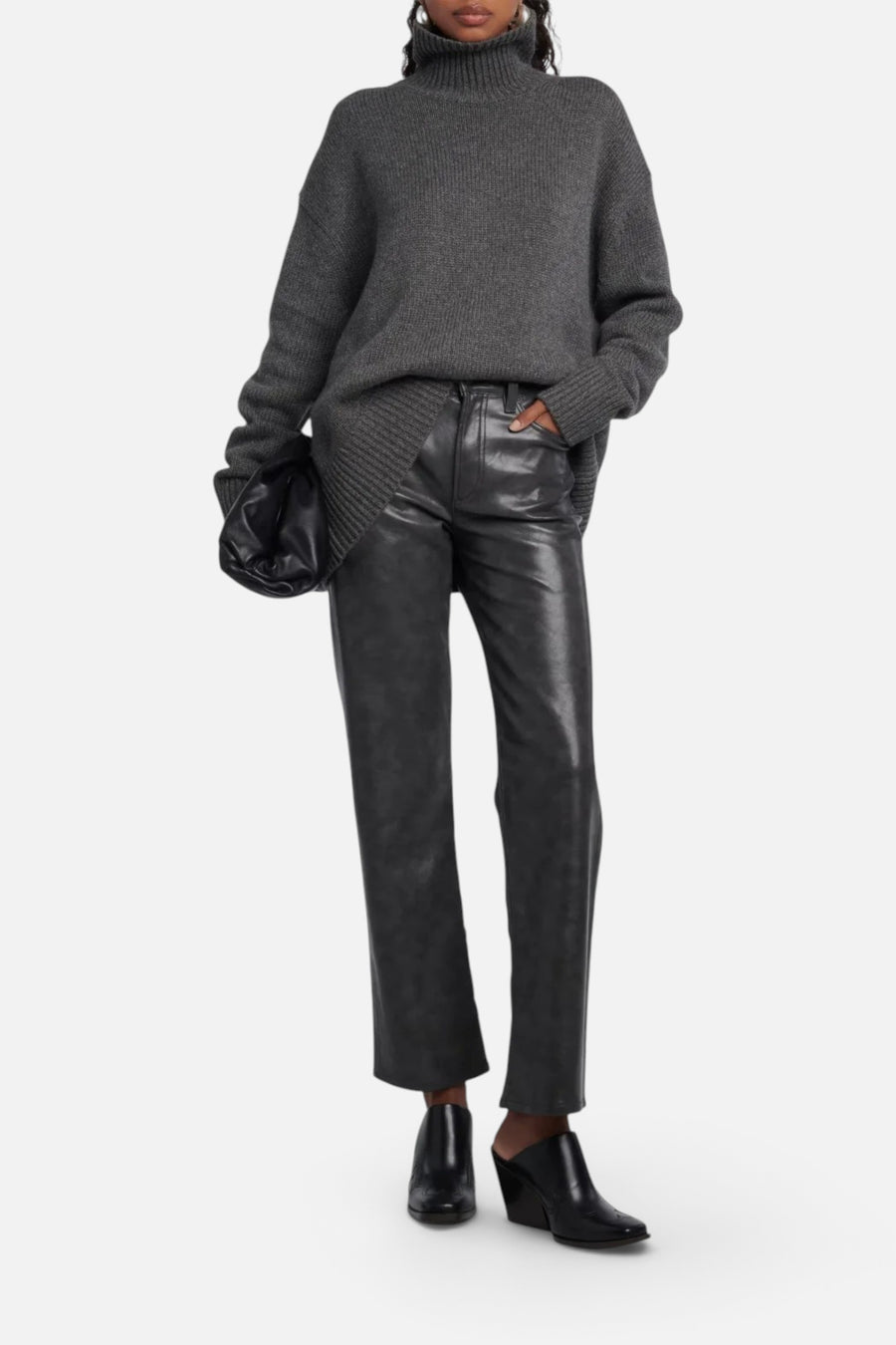 Agolde Sloane Mid-Rise Leather Straight Pants in Smoke Grey – front view