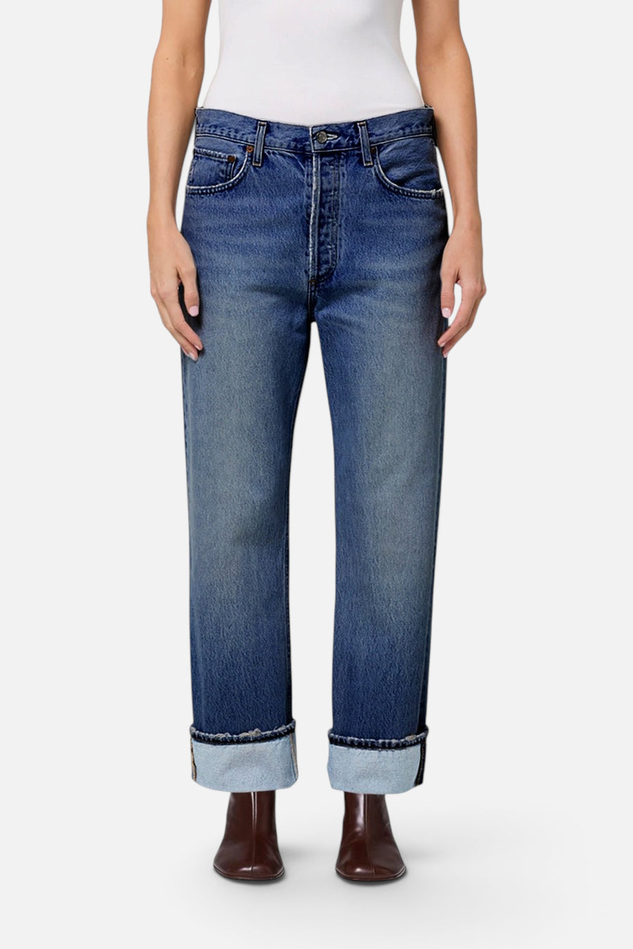 Agolde Women's Fran Low Slung Easy Straight Jean in Intersection – on model