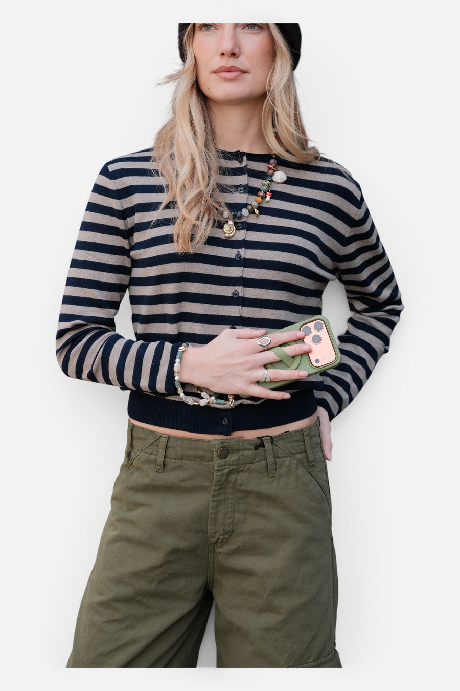 Aire Beaded Phone Strap Wristlet with Gold Hardware – on model