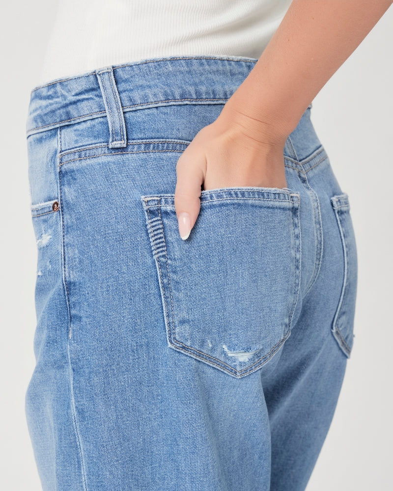 Alexis Covered Button Fly Jeans in Exhibition Distressed – flat lay