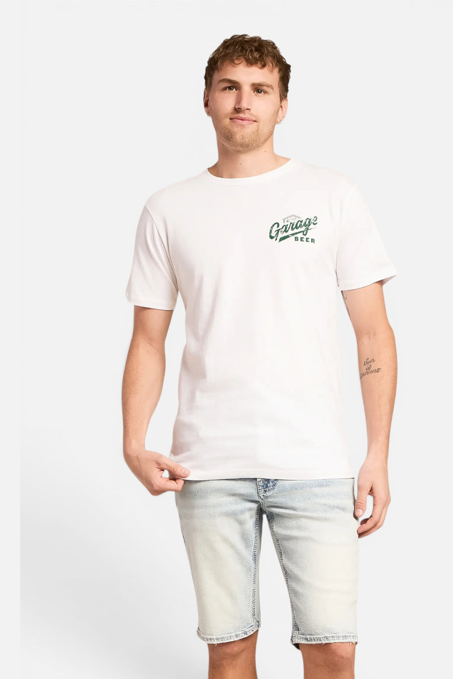 American Needle Garage Beer Mower Tee in White and Lawn – on model
