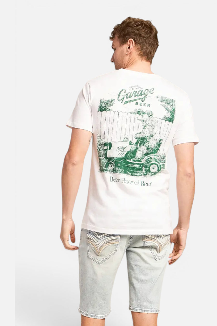 American Needle Garage Beer Mower Tee in White and Lawn – on model