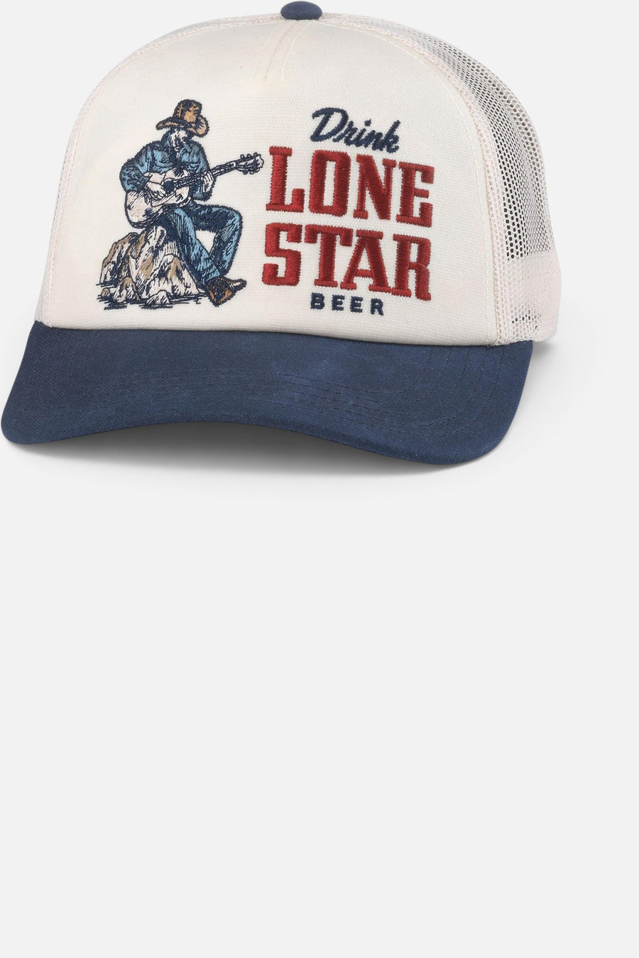 American Needle Lone Star Beer Remington Trucker Hat in Ivory and Navy – front view