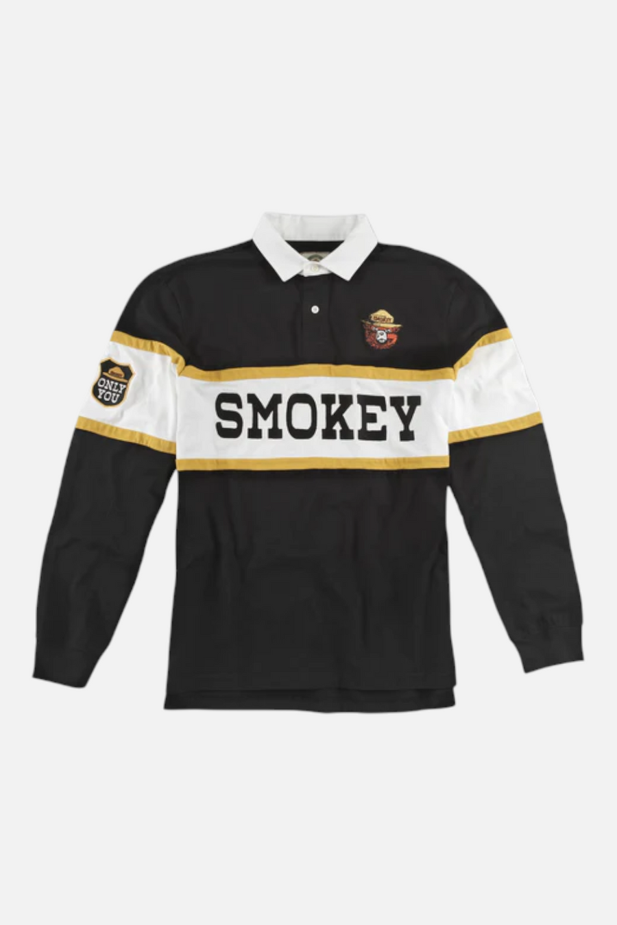 American Needle Men's Smokey Bear Fieldhouse Rugby Polo Long Sleeve Shirt in Black – front view