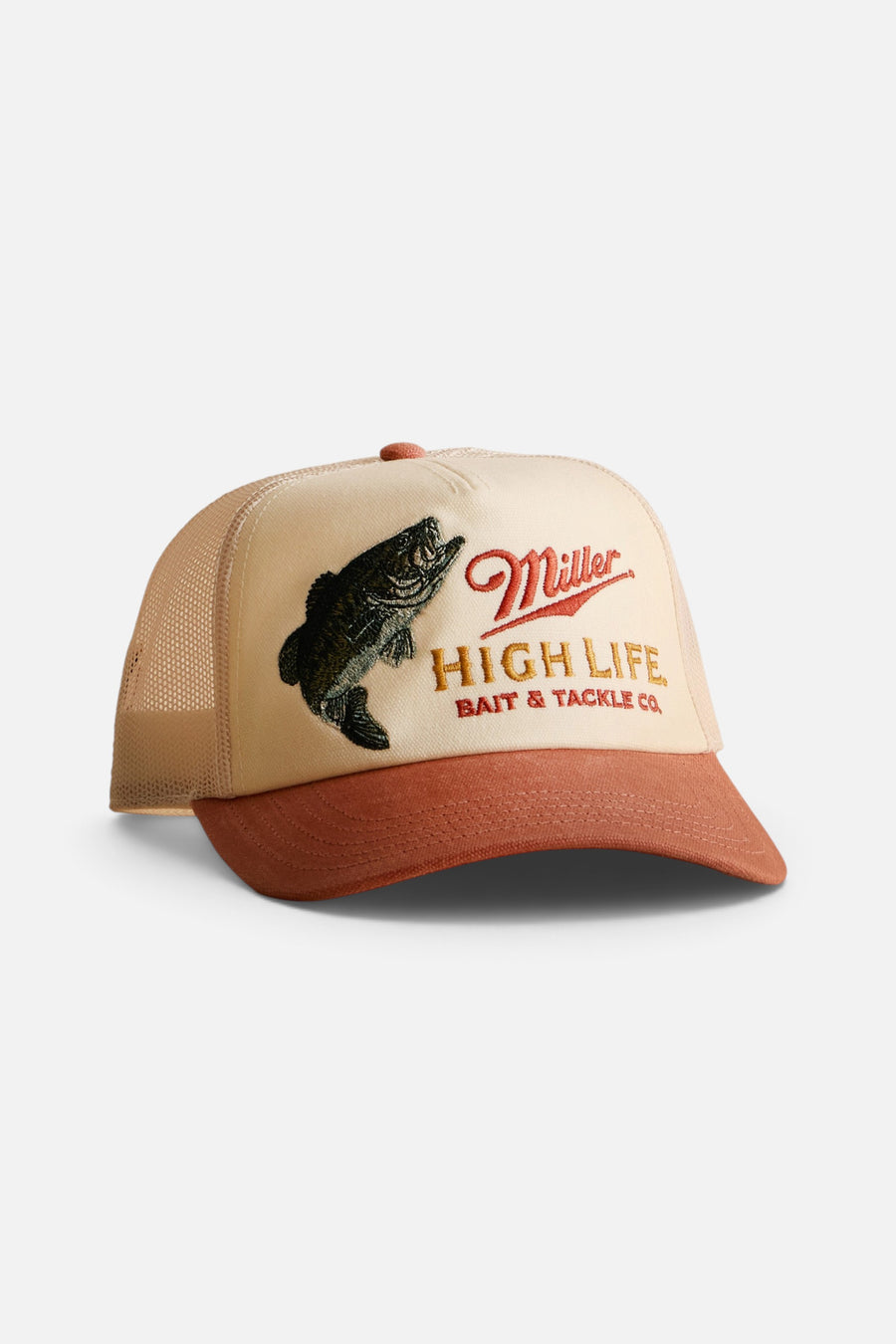 American Needle Miller High Life Bass Remington Trucker Hat in Ivory and Red – front view