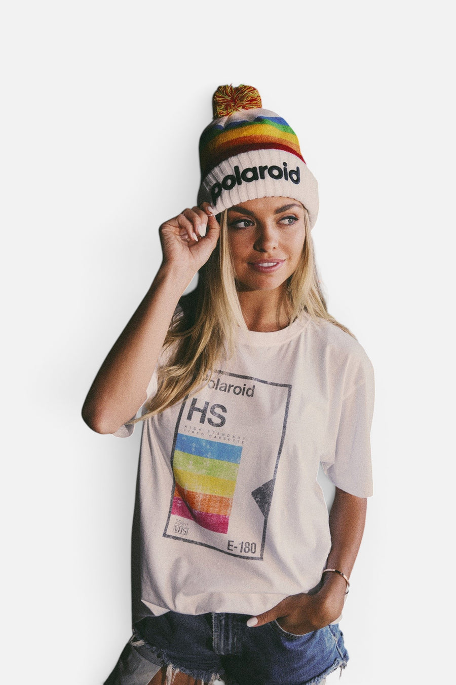 American Needle Polaroid Pillow Line Knit Beanie in White – on model