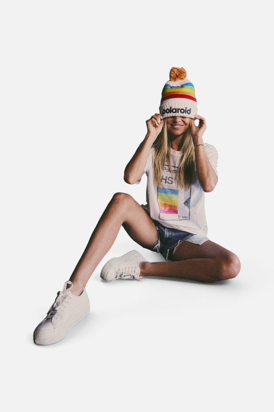 American Needle Polaroid Pillow Line Knit Beanie in White – on model