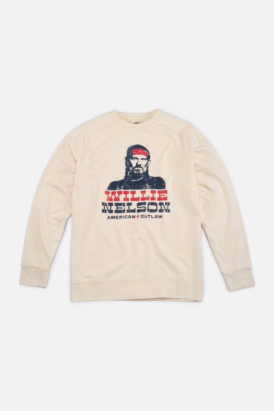 American Needle Willie Nelson American Outlaw Sunday Fleece Crew in Cream – flat lay