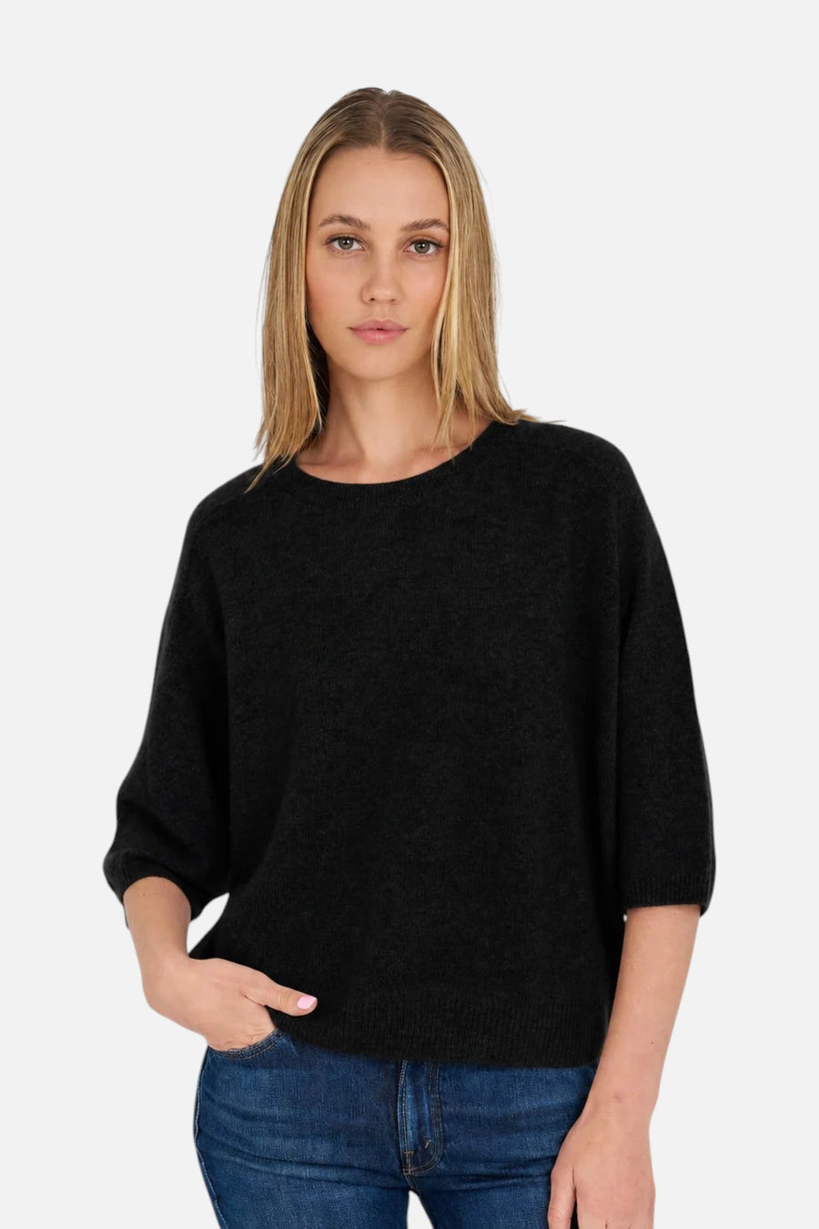 Archer Cashmere Millie Cashmere Short Sleeve Tee in Black – front view