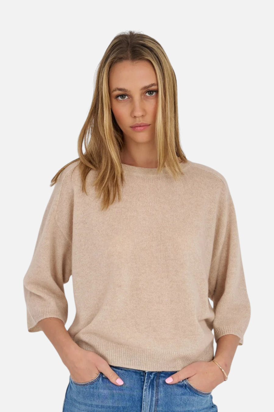 Archer Cashmere Millie Cashmere Short Sleeve Tee in Oatmeal – front view