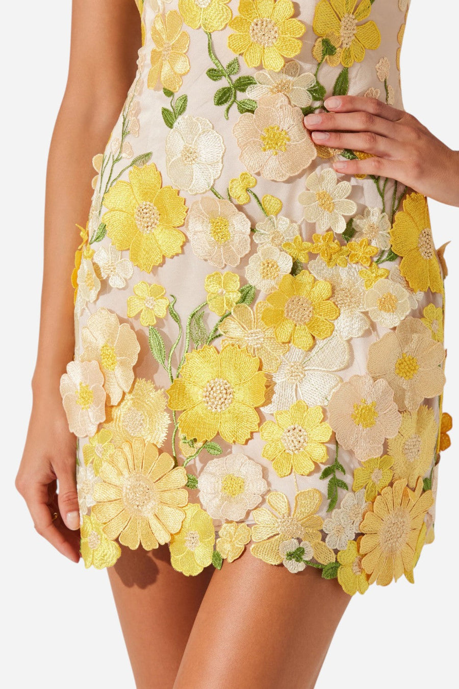 ASTR Aisha Floral Appliqué Mini Dress in Yellow Floral – detail