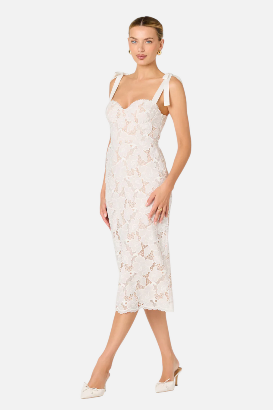 ASTR Donne Floral Lace Corset Midi Dress in White – back view