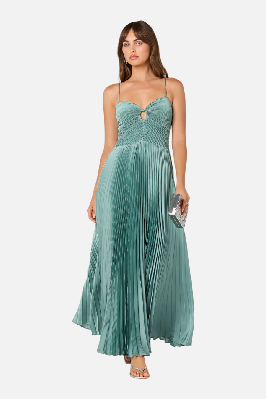 ASTR The Label Alaia Satin Plissé Maxi Dress in Seafoam – flat lay