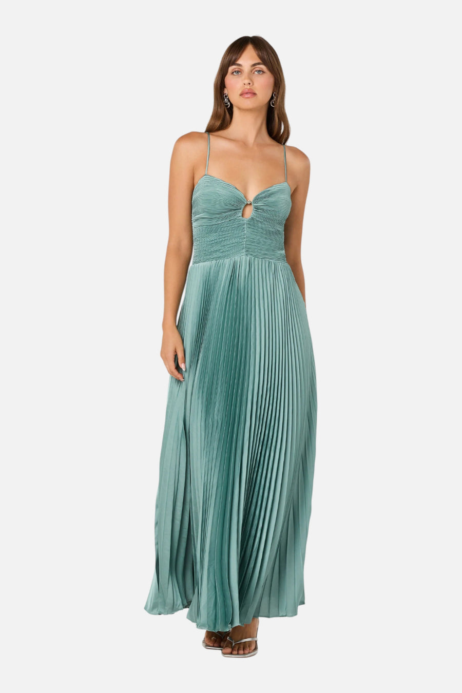 ASTR The Label Alaia Satin Plissé Maxi Dress in Seafoam – on model