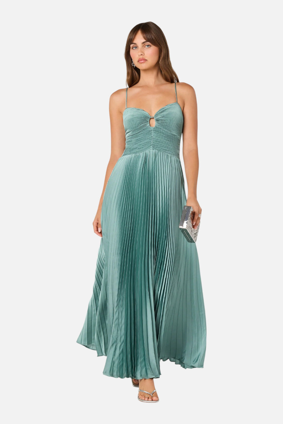 ASTR The Label Alaia Satin Plissé Maxi Dress in Seafoam – on model
