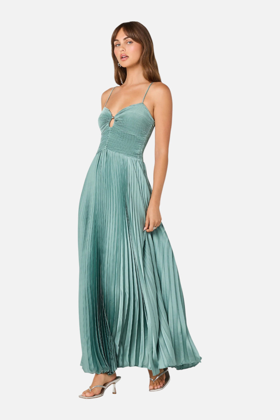 ASTR The Label Alaia Satin Plissé Maxi Dress in Seafoam – on model