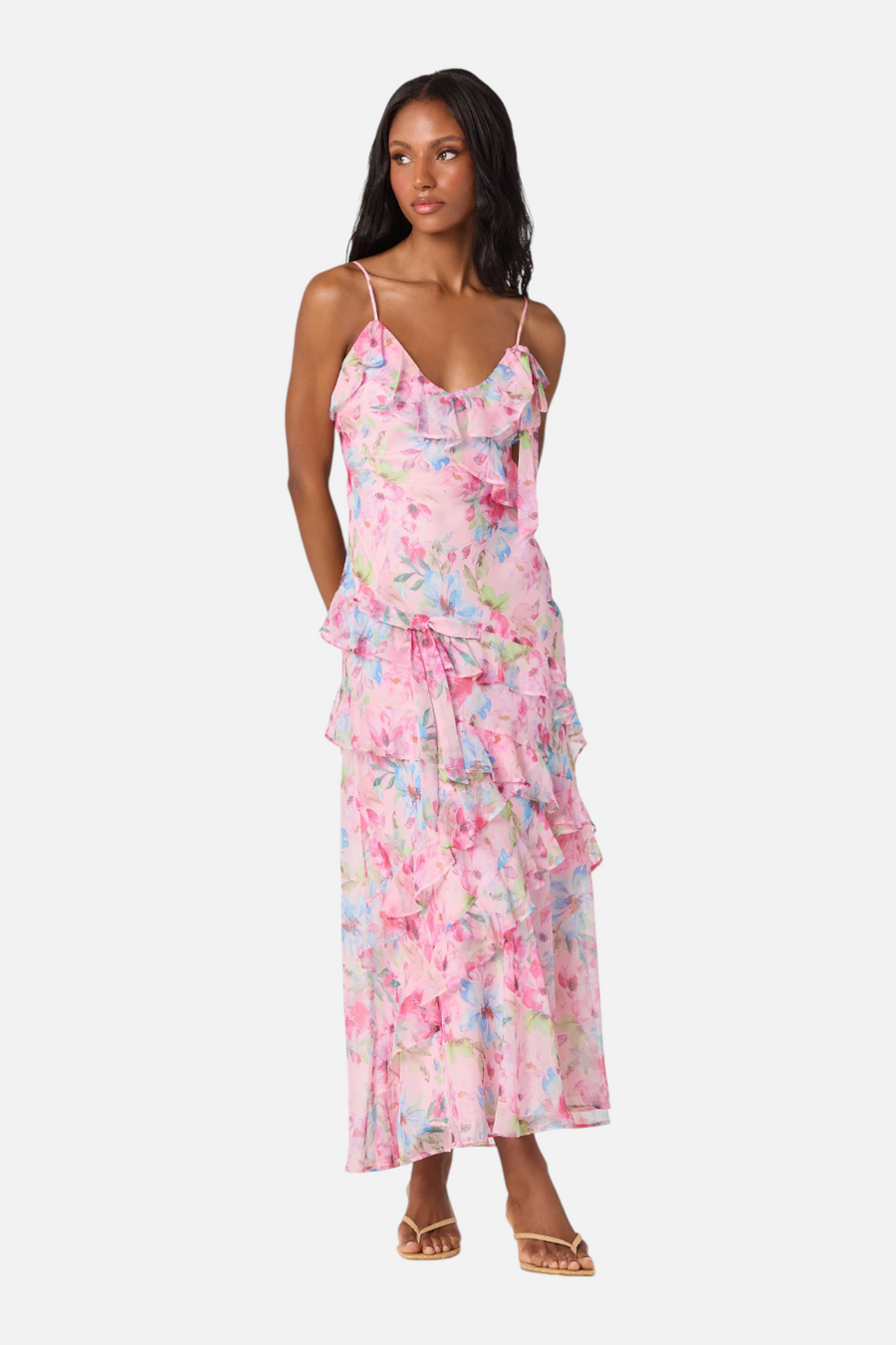 ASTR The Label Amiya Chiffon Maxi Dress in Pink Floral – back view