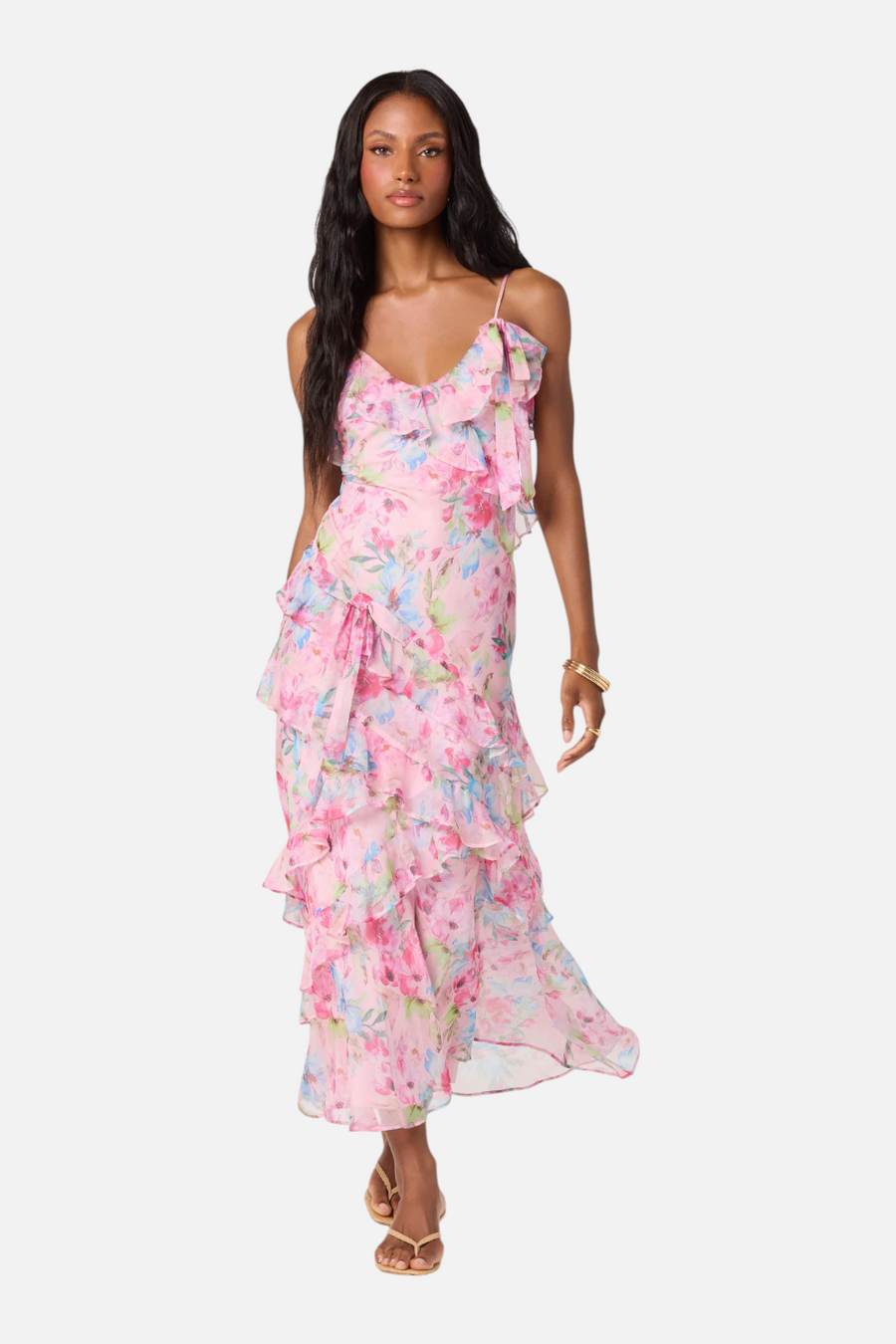 ASTR The Label Amiya Chiffon Maxi Dress in Pink Floral – flat lay