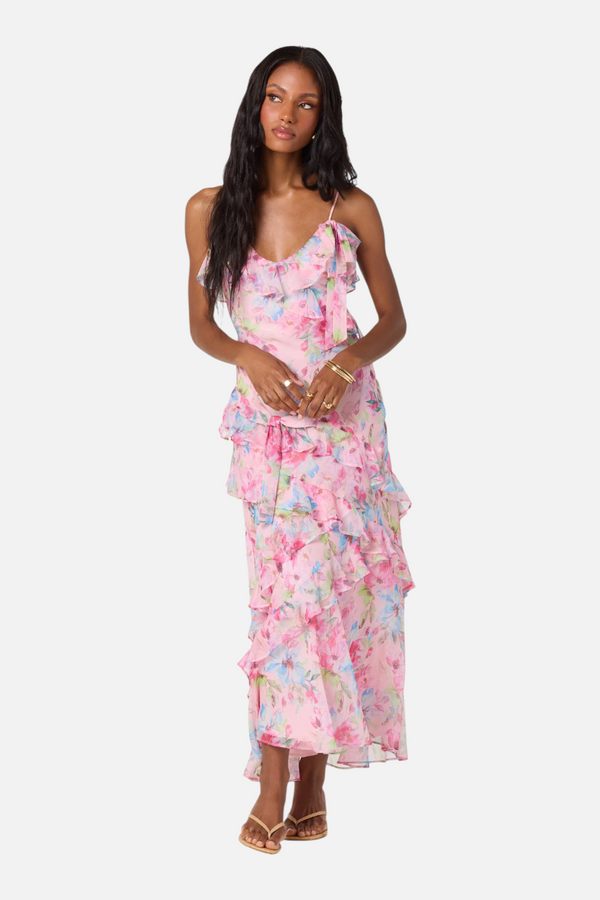 ASTR The Label Amiya Chiffon Maxi Dress in Pink Floral