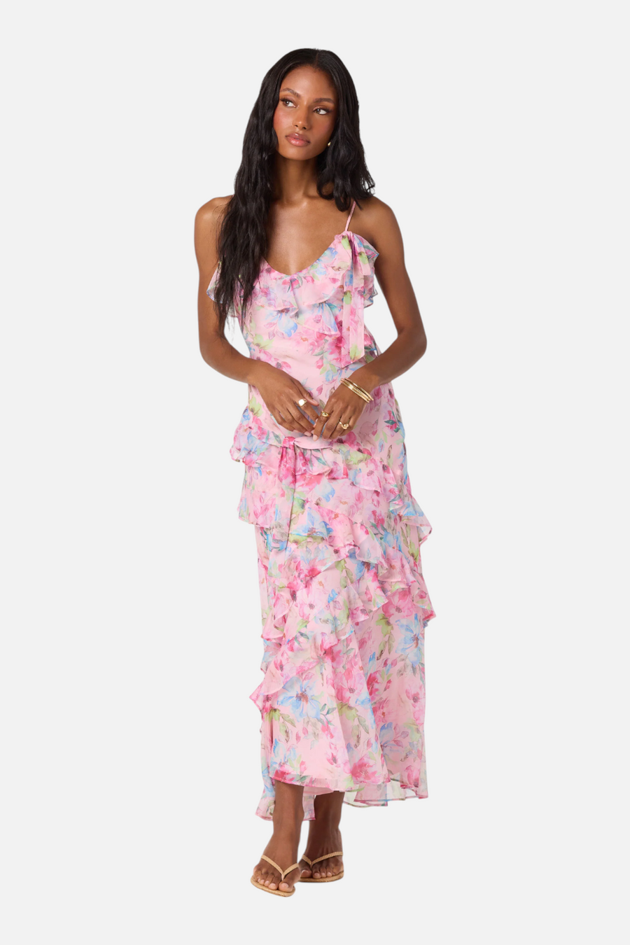 ASTR The Label Amiya Chiffon Maxi Dress in Pink Floral – front view