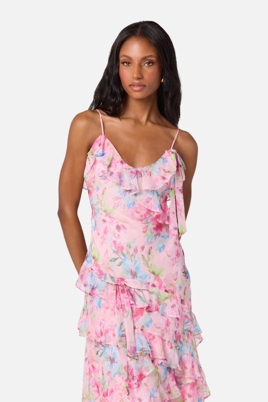 ASTR The Label Amiya Chiffon Maxi Dress in Pink Floral – side view